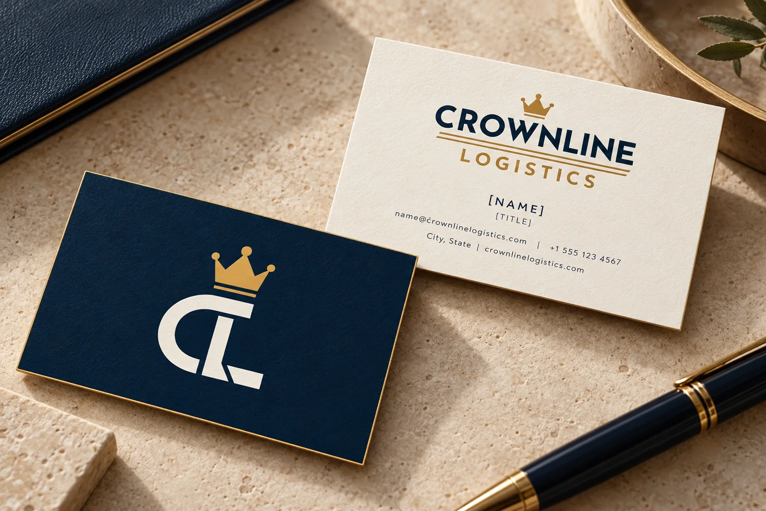 CrownLine Logistics business card design in navy, cream, and gold