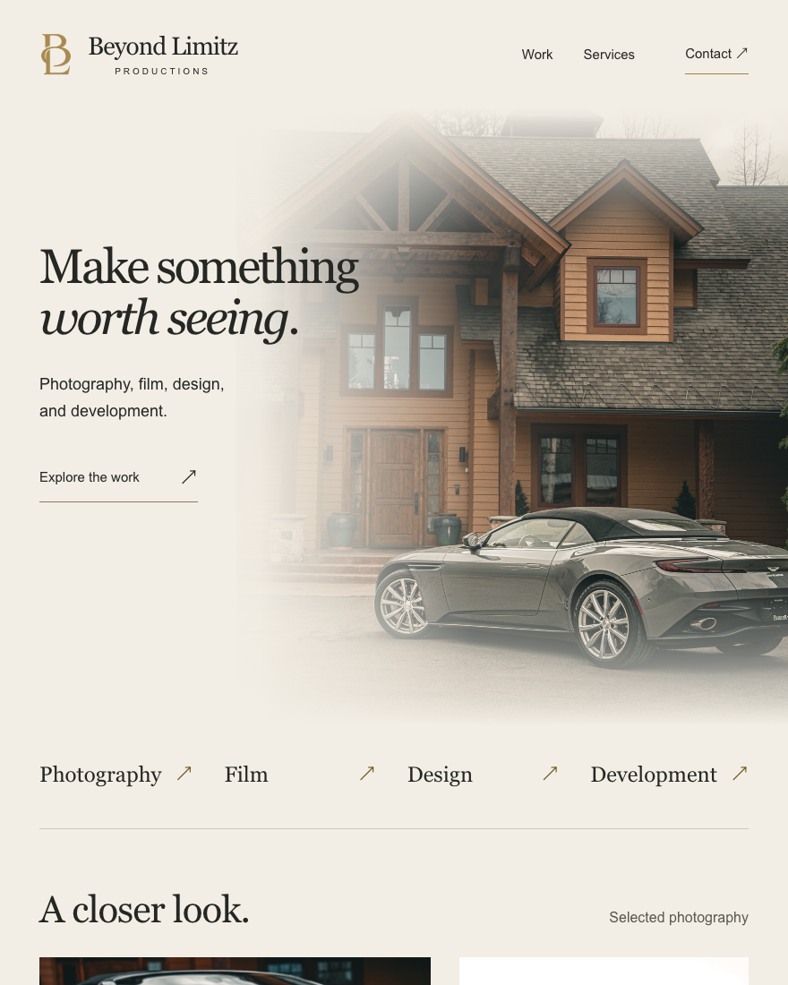 The Beyond Limitz website with its ivory layout and Aston Martin photography